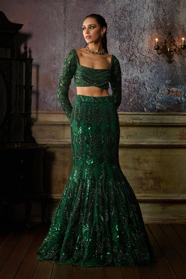 BOTTLE GREEN FULLY EMBROIDERED BLOUSE AND MERMAID SKIRT SET