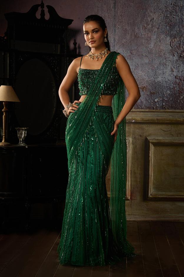 BOTTLE GREEN MERMAID PRE DRAPED SKIRT SAREE