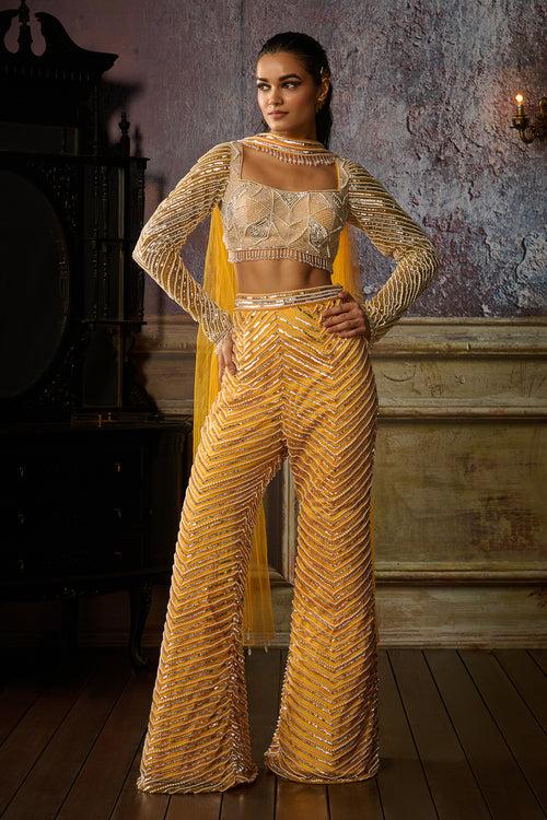 YELLOW FULLY EMBROIDERED BLOUSE, PANT AND CHOKER DUPATTA