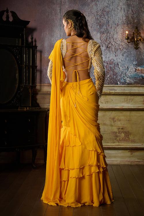 YELLOW EMBROIDERED BLOUSE AND RUFFLE SAREE SET