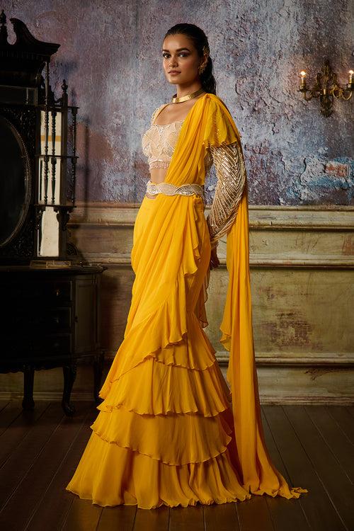 YELLOW EMBROIDERED BLOUSE AND RUFFLE SAREE SET