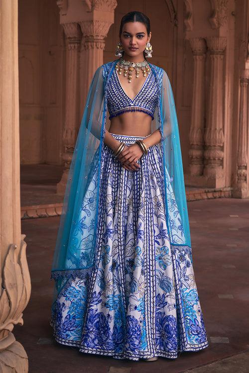 INDIGO BLUE FLORAL FRAME  PRINT & EMBROIDERED LEHENGA SET