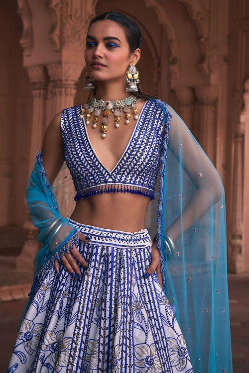 INDIGO BLUE FLORAL FRAME  PRINT & EMBROIDERED LEHENGA SET