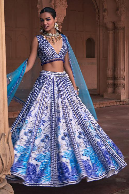 INDIGO BLUE FLORAL FRAME  PRINT & EMBROIDERED LEHENGA SET