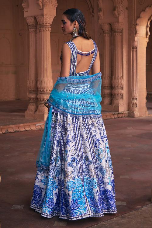 INDIGO BLUE FLORAL FRAME  PRINT & EMBROIDERED LEHENGA SET