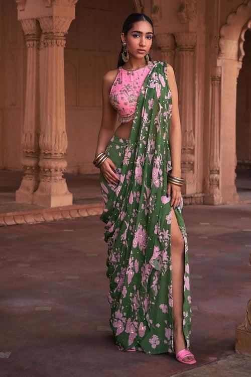 SAGE GREEN FLORAL PRINT & HIGHLIGHTED SAREE SET