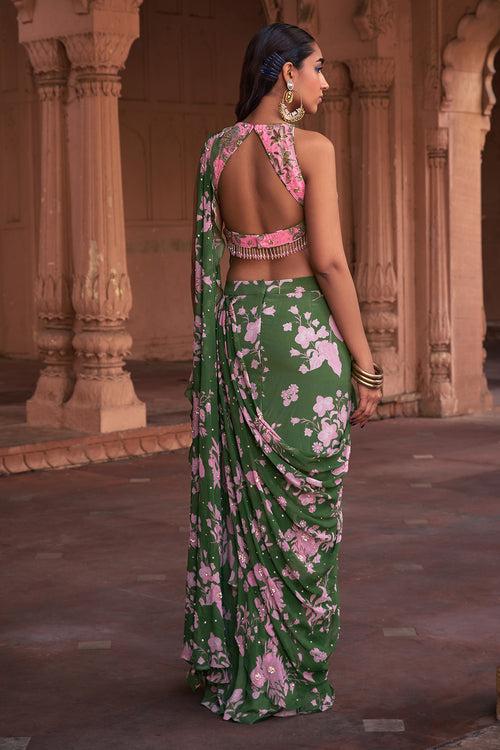 SAGE GREEN FLORAL PRINT & HIGHLIGHTED SAREE SET