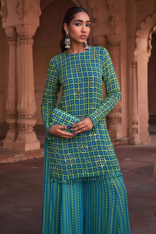 LIME YELLOW GRID PRINT & HIGHLIGHTED KURTI SET