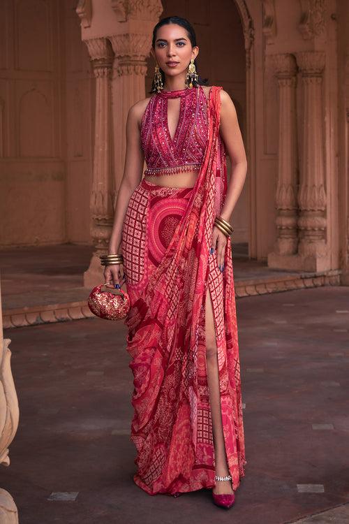 MAROON THIKRI PRINT & HIGHLIGHTED SAREE SET