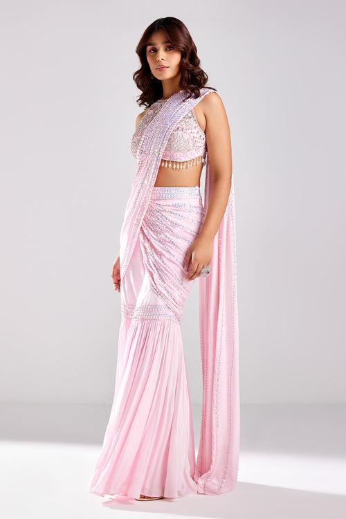 Blush Pink Embroidered Saree Set