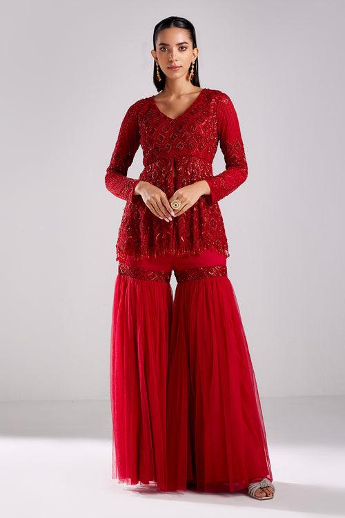 Crimson Red Emberoidered Peplum Set