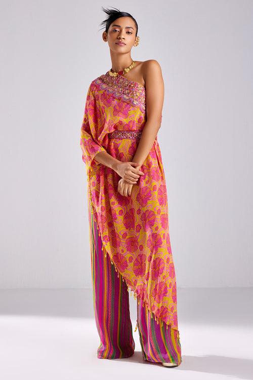 Pink Print & Embroidered Kaftan Set