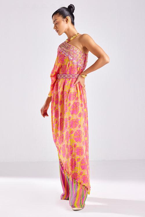 Pink Print & Embroidered Kaftan Set