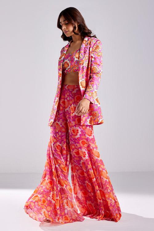 Fuschia Pink Print & Embroidered Blazer Set