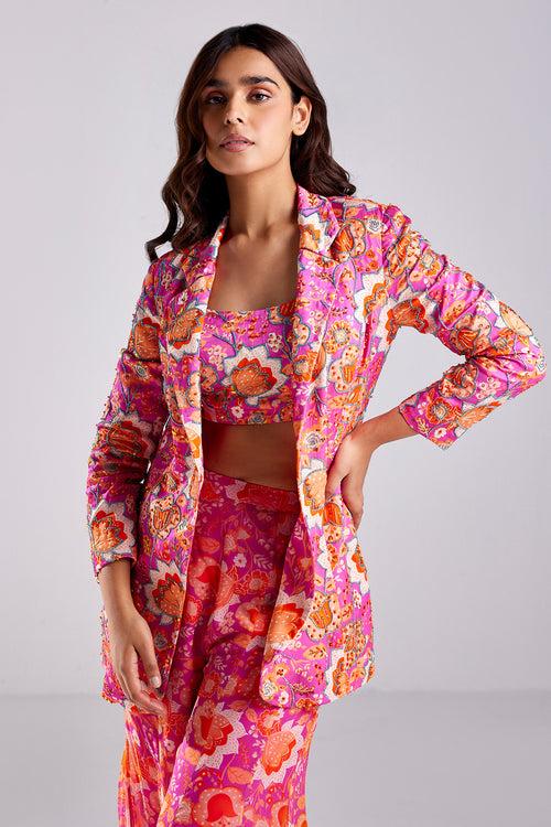 Fuschia Pink Print & Embroidered Blazer Set