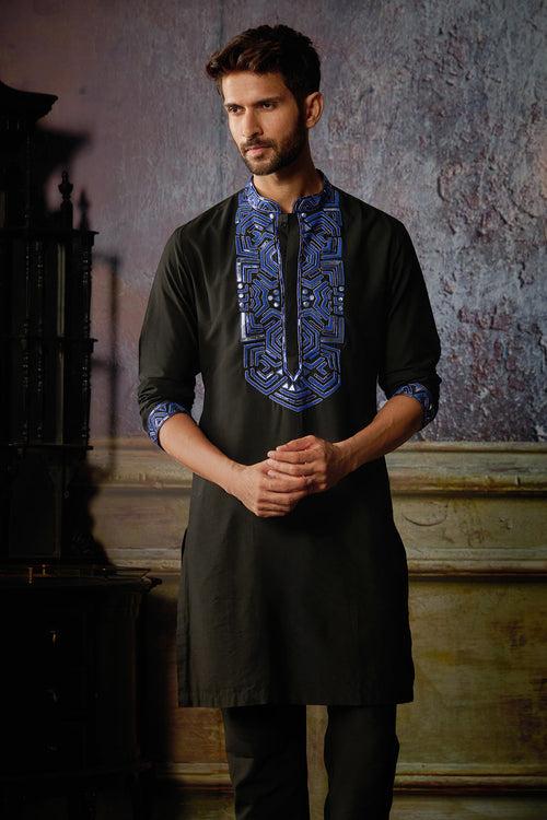 BLACK WITH BLUE YOKE EMBROIDERED KURTA WITH BLACK PANTS