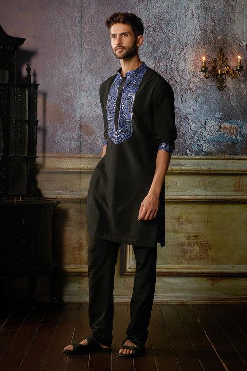 BLACK WITH BLUE YOKE EMBROIDERED KURTA WITH BLACK PANTS