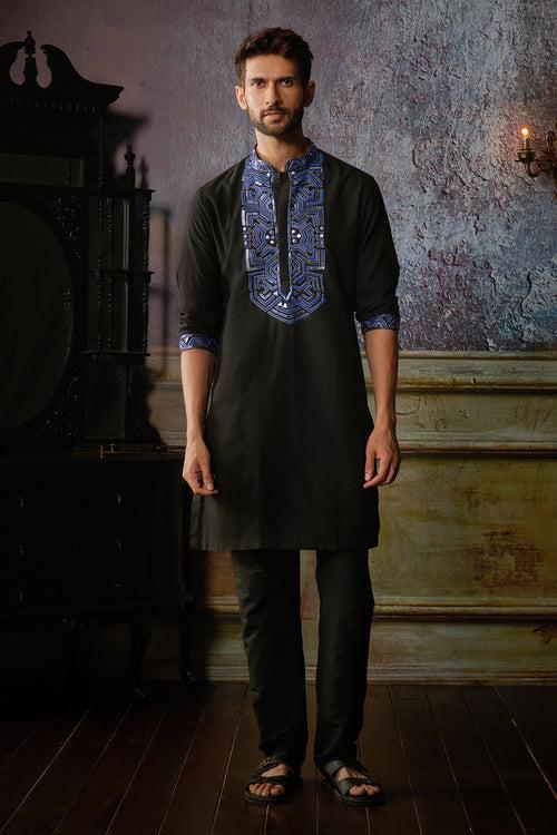 BLACK WITH BLUE YOKE EMBROIDERED KURTA WITH BLACK PANTS