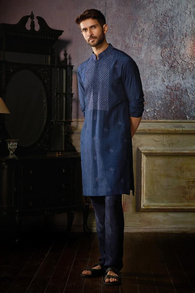 DARK BLUE YOKE & BUTTA EMBROIDERED KURTA WITH DARK BLUE PANTS