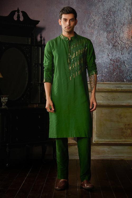 OLIVE GREEN ONE SIDE TIKKI EMBROIDERED KURTA WITH OLIVE GREEN PANTS