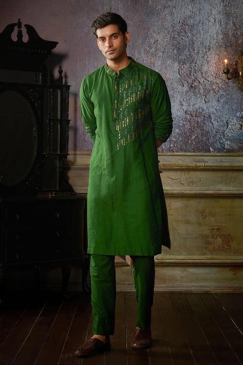 OLIVE GREEN ONE SIDE TIKKI EMBROIDERED KURTA WITH OLIVE GREEN PANTS