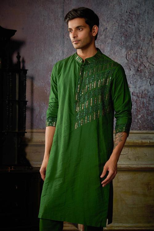 OLIVE GREEN ONE SIDE TIKKI EMBROIDERED KURTA WITH OLIVE GREEN PANTS