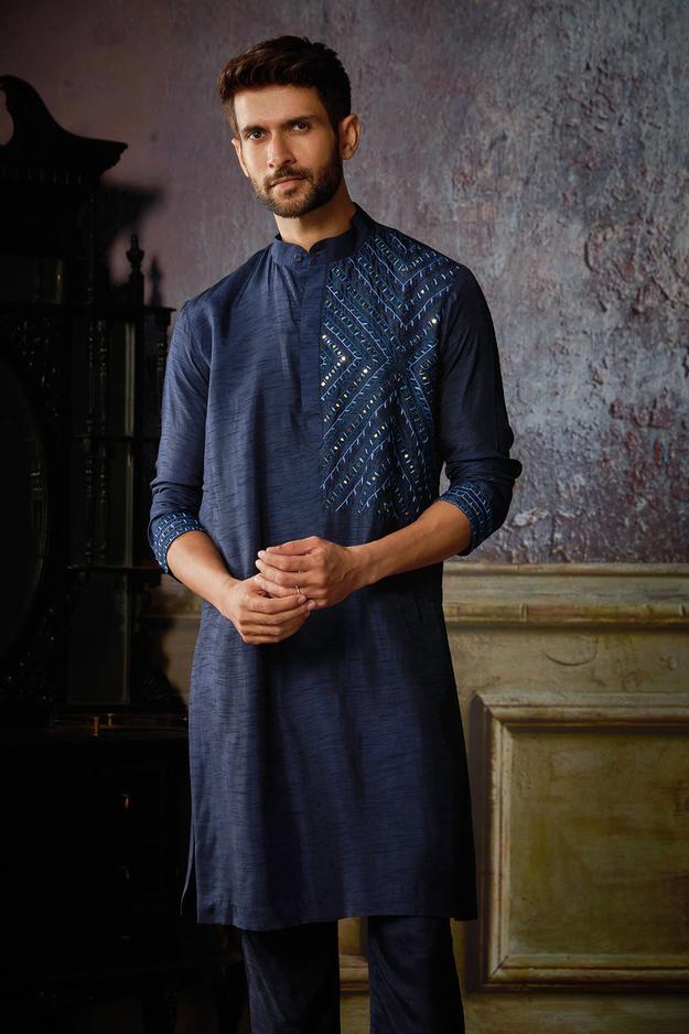 DARK BLUE THREAD & MIRROR EMBROIDERED KURTA WITH DARK BLUE PANTS