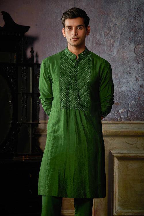 OLIVE GREEN YOKE EMBROIDERED KURTA WITH OLIVE GREEN PANTS