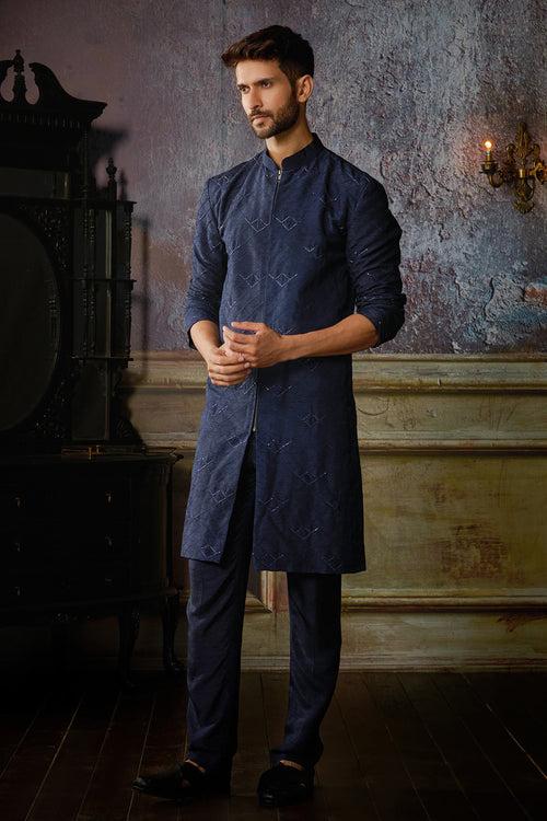 DARK BLUE TEXTURE WITH ARROW EMBROIDERED KURTA WITH SOLID PANTS