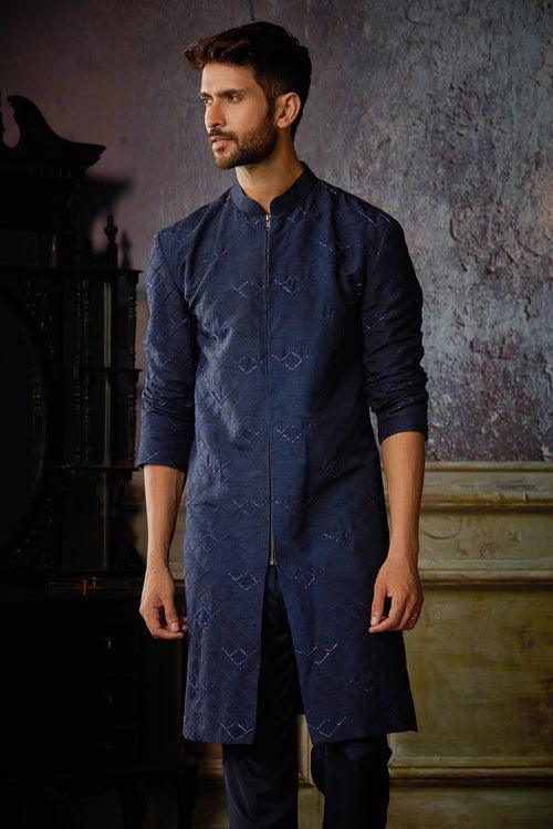 DARK BLUE TEXTURE WITH ARROW EMBROIDERED KURTA WITH SOLID PANTS