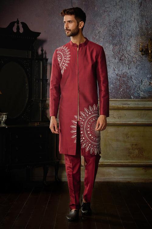 MAROON WITH IVORY CIRCLE THIKRI EMBROIDERED JACKET WITH MAROON PANTS