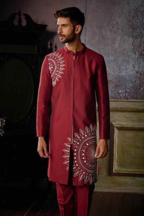 MAROON WITH IVORY CIRCLE THIKRI EMBROIDERED JACKET WITH MAROON PANTS