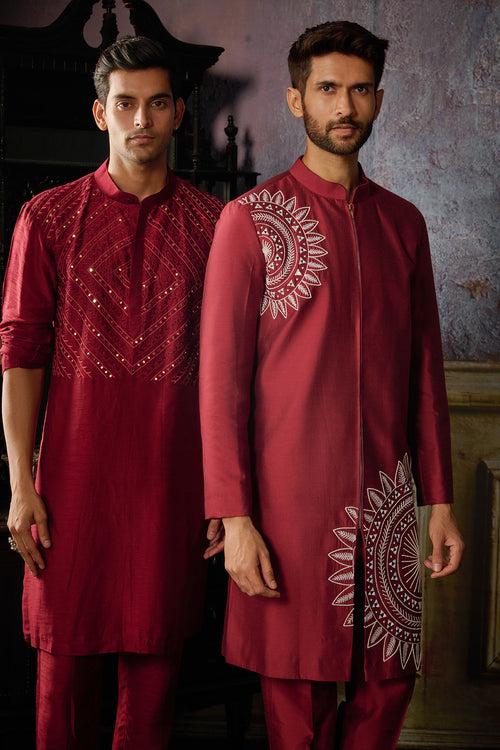 MAROON WITH IVORY CIRCLE THIKRI EMBROIDERED JACKET WITH MAROON PANTS