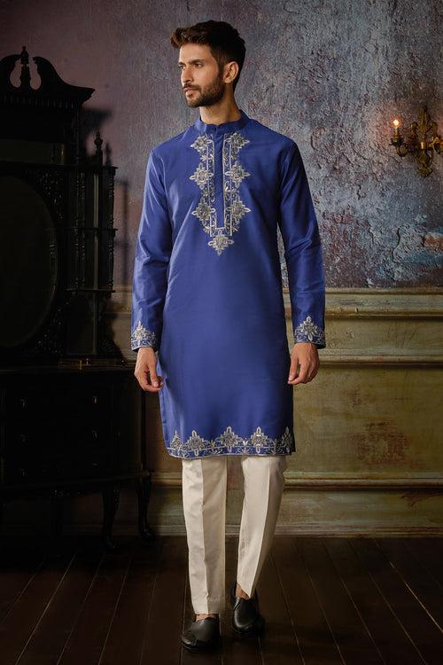 ELECTRIC BLUE WITH GUNMETAL YOKE AND HEM GEOMETRIC EMBROIDERED KURTA WITH IVORY PANTS