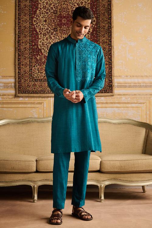 TEAL FLORAL & GEOMETRIC EMBROIDERED KURTA WITH TEAL PANTS