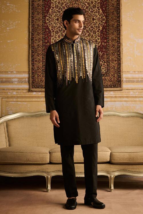 BLACK TRIBEL RUSTIC EMBROIDERED KURTA WITH BLACKPANTS