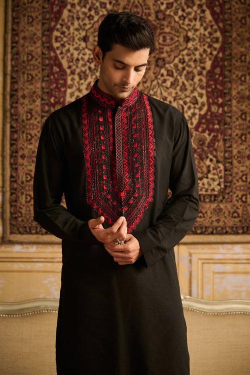 BLACK WITH RED YOKE EMBROIDERED KURTA WITH BLACK PANTS