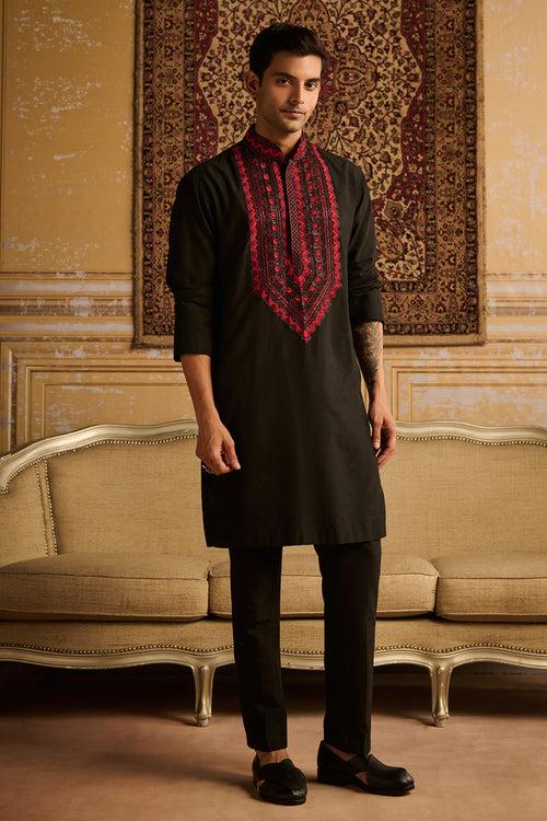 BLACK WITH RED YOKE EMBROIDERED KURTA WITH BLACK PANTS