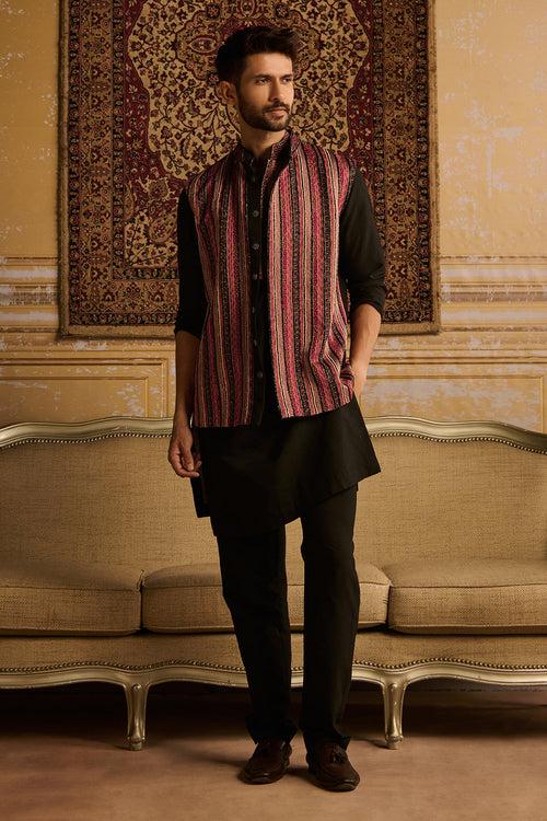 BLACK TRIBLE EMBROIDERED KURTA, BUNDY WITH BLACK PANTS