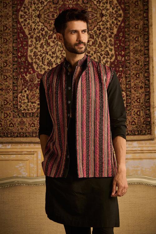 BLACK TRIBLE EMBROIDERED KURTA, BUNDY WITH BLACK PANTS