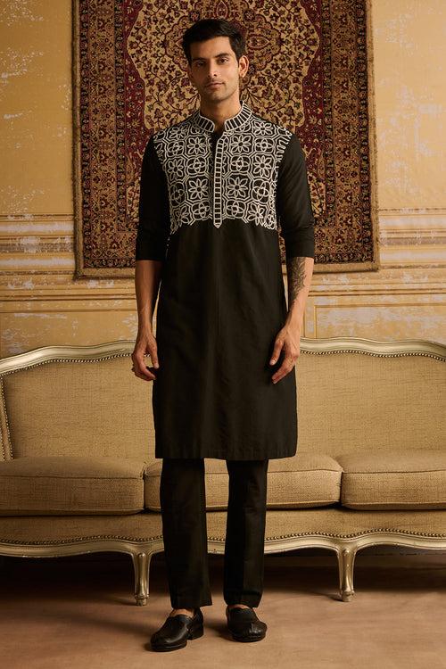 BLACK WITH WHITE THREAD & BEADS EMBROIDERED KURTA WITH BLACK PANTS