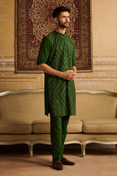 OLIVE GREEN THREAD & MIRROR EMBROIDERED KURTA WITH OLIVE GREEN PANTS