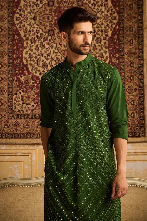 OLIVE GREEN THREAD & MIRROR EMBROIDERED KURTA WITH OLIVE GREEN PANTS