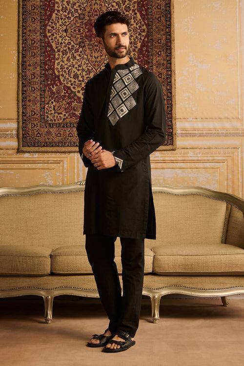 BLACK WITH WHITE DIAMOND EMBROIDERED KURTA WITH BLACK PANTS