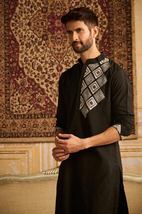 BLACK WITH WHITE DIAMOND EMBROIDERED KURTA WITH BLACK PANTS