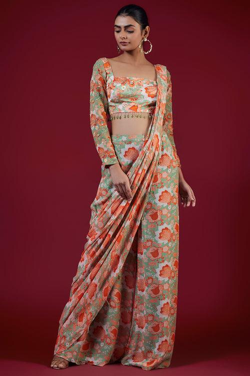 Mint Green Print & Embroidered Saree Set