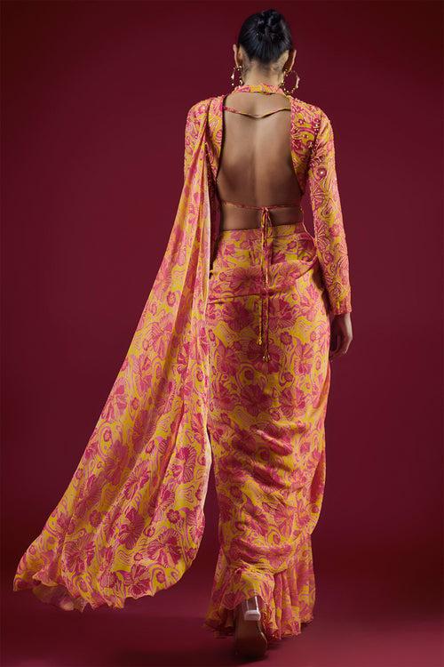 Pink Print & Embroidered Saree Set