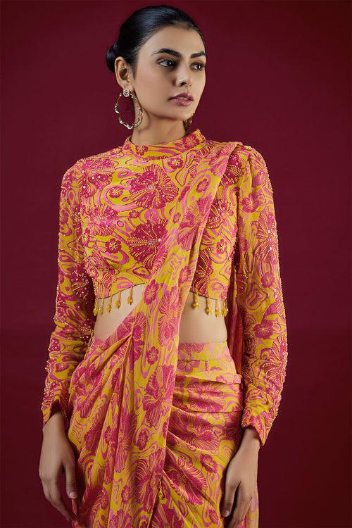 Pink Print & Embroidered Saree Set