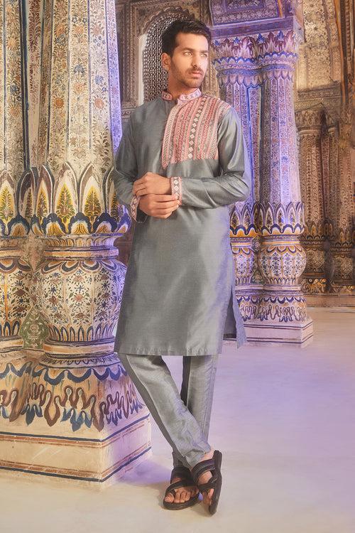 Grey thread one side embroidered kurta set