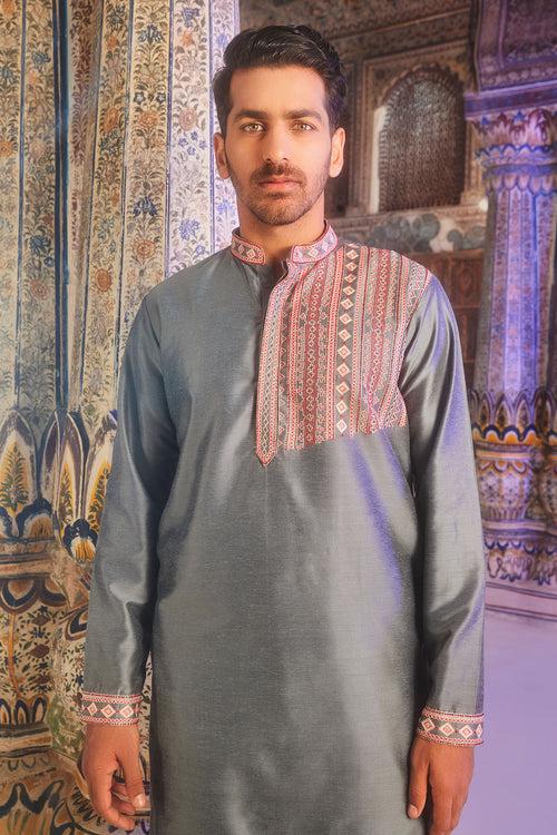 Grey thread one side embroidered kurta set